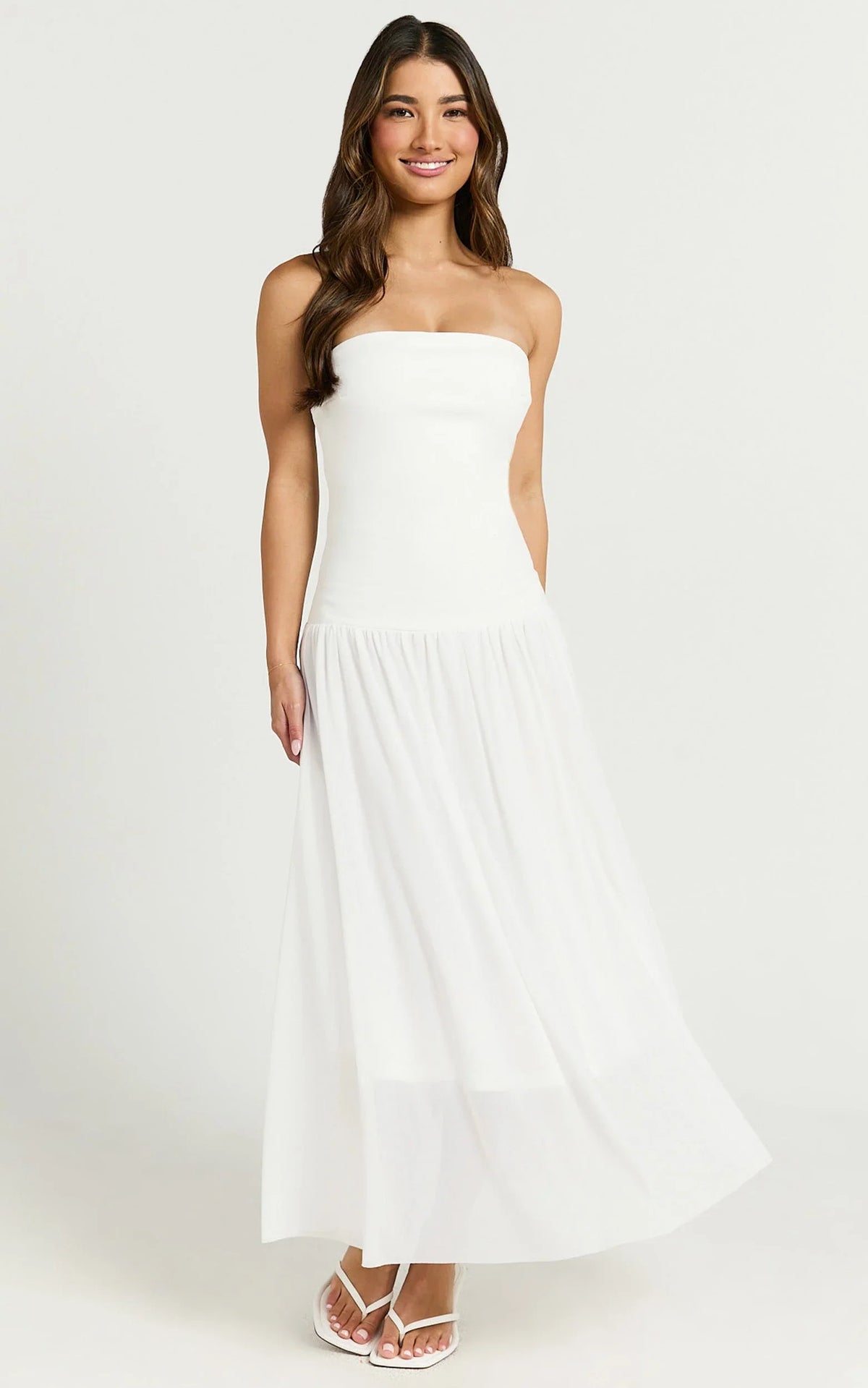 Cherie Midi Dress - Strapless Drop Waist Dress in Ivory