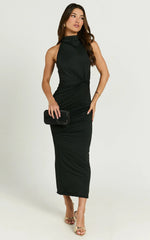 Olenna Midi Dress - Halter Neck Twist Detail Tie Back Dress in Black