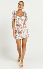 Kelsie Mini Skirt - Linen Mid Waist Side Split Skirt in Summer Chintz