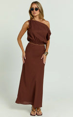 Collins Midi Skirt - Linen Look High Waisted Linen Look Bias Slip Skirt in Chocolate