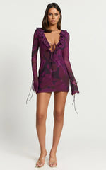 Alesya Mini Dress Ruffle Plunge Neck Long Sleeve Tie Detail Dress in Royal Adeana