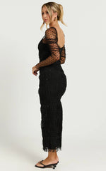 Evelyn Midi Dress - Long Sleeve Shirred Tulle Dress in Black Polka