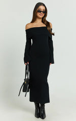 Maisie Midi Dress - Off Shoulder Long Sleeve Fitted Column Knit Dress in Black