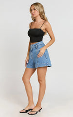 Kayla Shorts - High Waisted A Line Denim Shorts in Mid Blue Wash