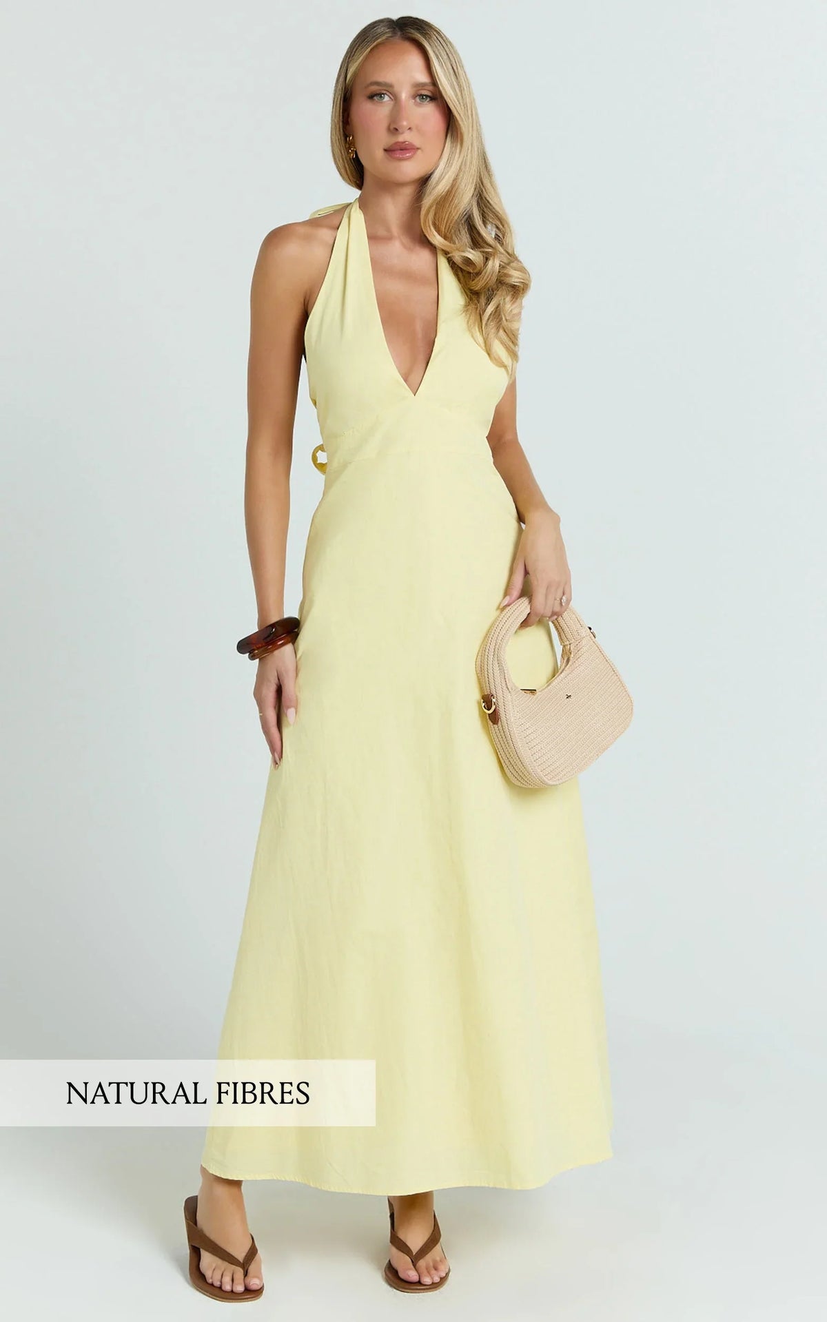Connor Maxi Dress - Halter Neck Tie Back Dress in Lemon