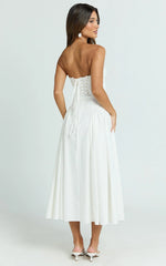 Bambi Midi Dress - Embroidered Strapless Lace Up Fit And Flare Dress in White