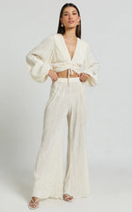 Beca Pants - High Waisted Plisse Flared Pants in Cream