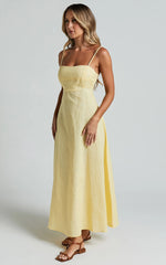 Brette Midi Dress - Linen Straight Neck Strappy Fit And Flare Dress in Lemon