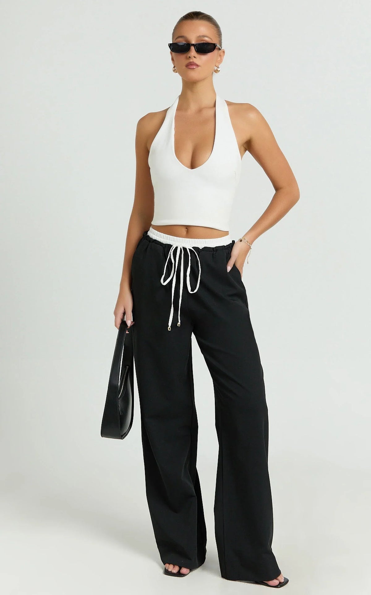 Maliha Pants - Mid Rise Contrast Elasticated Drawstring Wide Leg Tailored Pants in Black