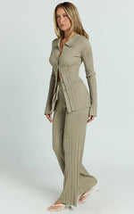 Kelsey Top - Button Through Long Sleeve Knitted Top in Taupe