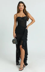 Brionna Midi Dress - Lace Neck Ruched Ruffle Hem Dress in Black