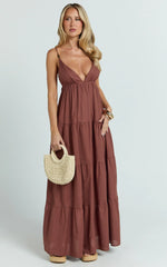 Eugene Maxi Dress - Beaded Strap Tiered Maxi Dress in Brown