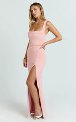 Donna Maxi Dress - Cowl Neck Column High Split Dress in Pale Pink