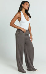 Grace Pants - Low Rise Elasticated Waist Wide Leg Pants in Slate Grey