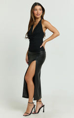 Gertrude Midi Skirt - Faux Leather High Waisted Fitted Leg Split Skirt in Black