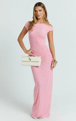 Harrison Maxi Dress - Off Shoulder Ruche Wide Waistband Long Skirt Mesh Dress in Pink