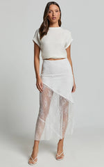 Carina Midi Skirt - Mid Waist Lace Asymmetrical Skirt in Ivory