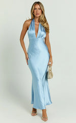 Aiyana Midi Dress - Halter Neck Satin Dress in Blue