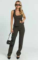 Lorena Pants - Low Rise Slim Straight Leg Pants in Dark Brown