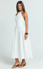 Danielle Midi Dress - Halter Neck Fit And Flare Dress in Off White