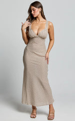 Mauriel Midi Dress - Deep V Gathered Bust Slip Dress in Natural Geo