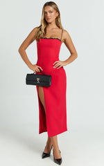 Richelle Midi Dress - Strappy Contrast Lace Straight Neck Fitted Side Leg Split Dress in Red