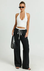 Maliha Pants - Mid Rise Contrast Elasticated Drawstring Wide Leg Tailored Pants in Black