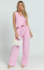 Layla Pants - Mid Waisted Relaxed Elastic Waist Pants in Pink Stripe