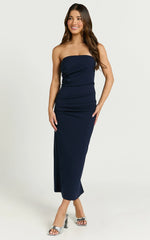 Calanthe Midi Dress - Strapless Tuck Detail Dress in Navy