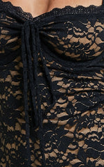 Collette Midi Dress - Ruched Bust Wide Strap Detail Lace Midi Dress in Black