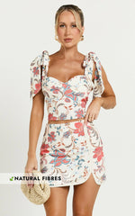 Kelsie Mini Skirt - Linen Mid Waist Side Split Skirt in Summer Chintz