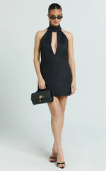 Polly Mini Dress - High Neck Keyhole Shift Dress in Black