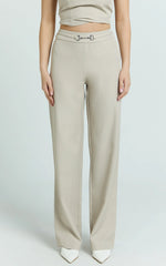 Charlize Pants - Stretch Slim Leg Front Buckle Pants in Stone