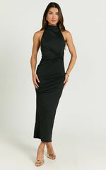 Olenna Midi Dress - Halter Neck Twist Detail Tie Back Dress in Black