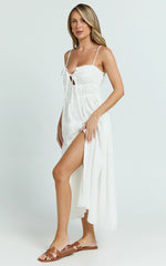 Lucienne Midi Dress - Ruched Button Up Front Dress in White