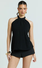 Kala Top - High Neck Tie Waist Linen Blend Peplum Top in Black