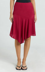 Clare Midi Skirt - Mid Waisted Asymmetric Bias Cut Slip Skirt in Cherry Red