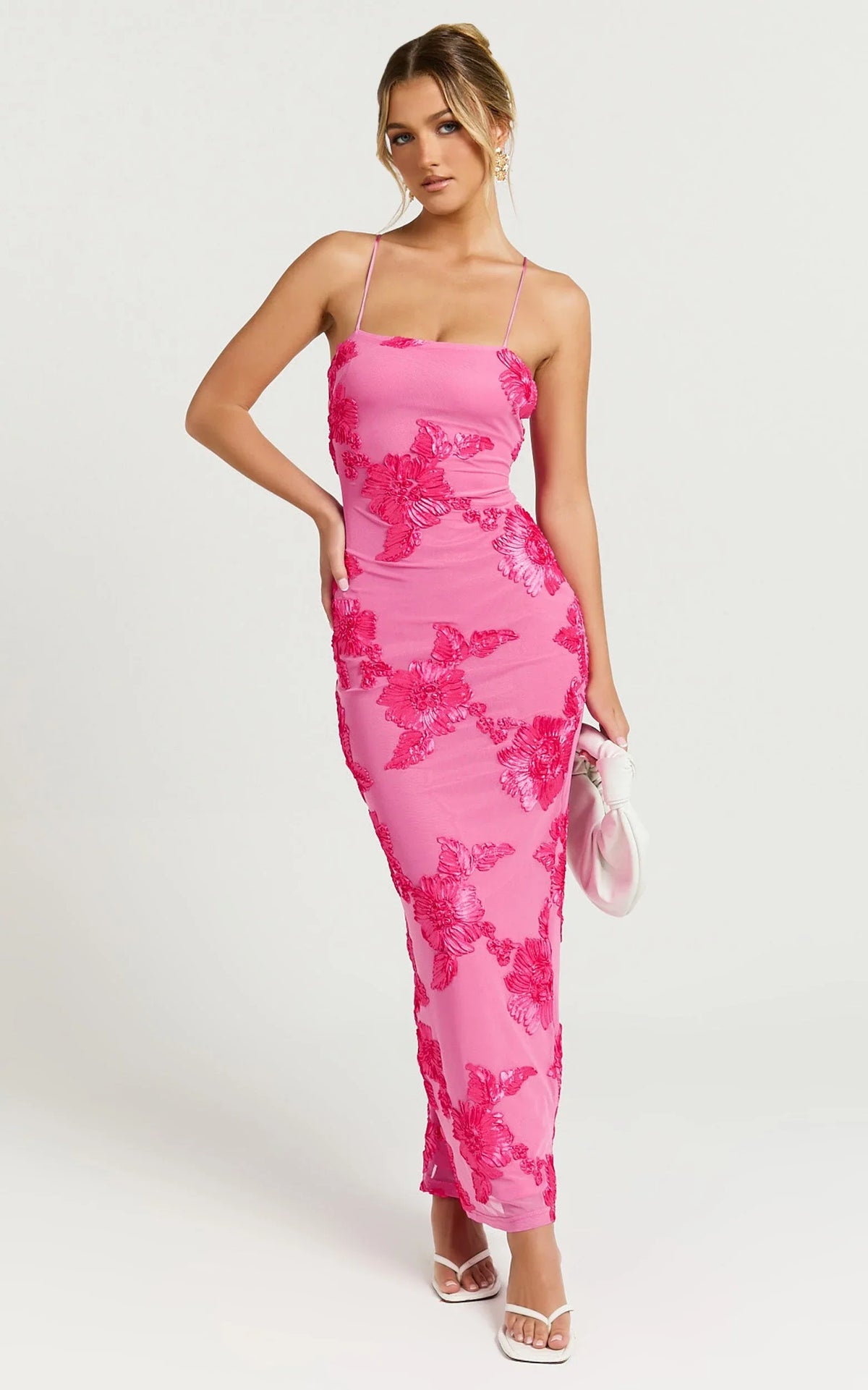 Mina Midi Dress - Embroidered Mesh Dress in Pink