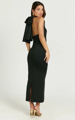 Olenna Midi Dress - Halter Neck Twist Detail Tie Back Dress in Black