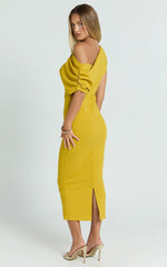 Nalfie Midi Dress - Tipped Shoulder Jersey Drape Dress in Mustard