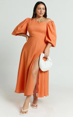 Rhyne Midi Dress - Asymmetric Puff Sleeve Side Cut Out A Line Dress in Papaya