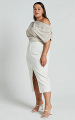 Janeve Midi Skirt - Front Split Denim Skirt in Ecru