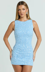 Georgina Mini Dress - Sequin Boat Neck Bodycon Dress in Blue