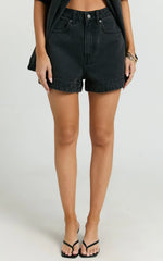 Rhianna Shorts - Mid Waist Recycled Denim Shorts in Washed Black