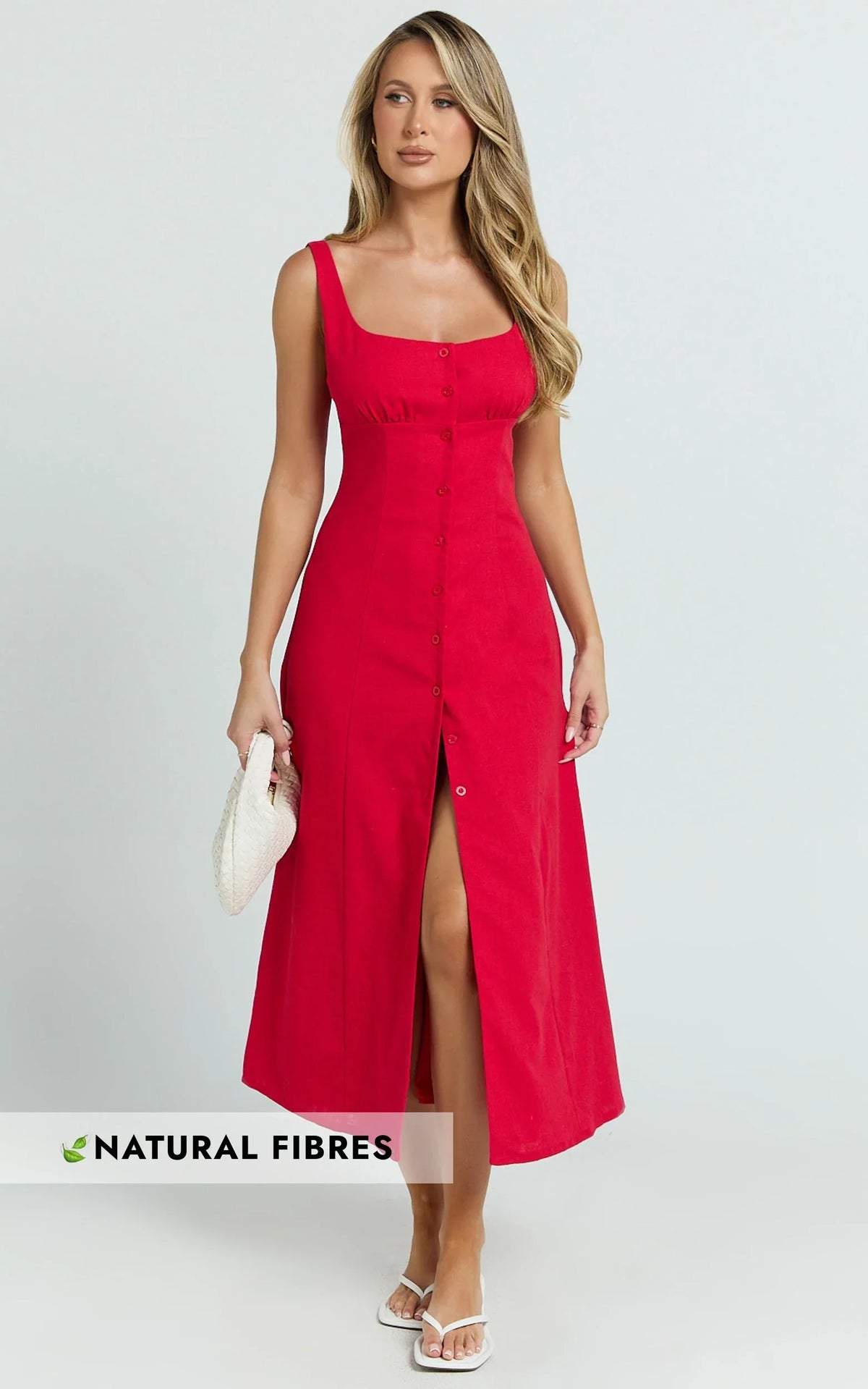 Cameron Midi Dress - Button Front Tie Back Dress in Red