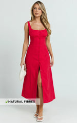 Cameron Midi Dress - Button Front Tie Back Dress in Red