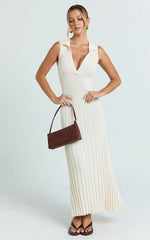 Kara Maxi Dress - Sleeveless Collared V Neck Knit Dress in Cream