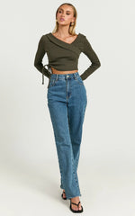 Keisha Top - Asymmetrical Long Sleeve Drawstring Top in Dark Olive