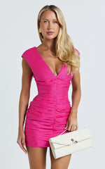 Janine Mini Dress - Gathered V Neck Dress in Pink