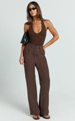 Melissa Pants - Pleat Front Wide Leg Tailored Pants in Chocolate
